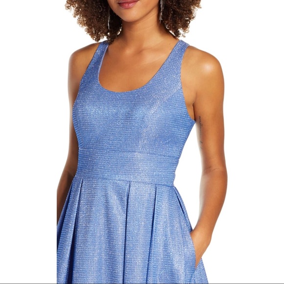 NWT Morgan & Co Blue Glitter Shimmer Pleated Gown - Picture 7 of 16